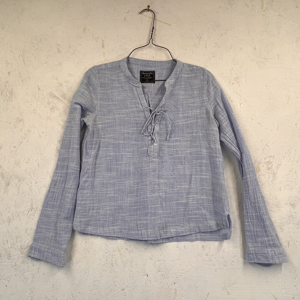 Abercrombie & Fitch Blue Lace Up Split Neck Slub Long Sleeve Blouse‎ XS